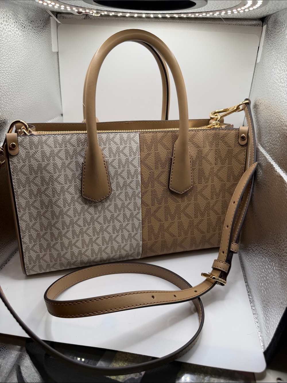 Michael Kors Two-Tone Signature Satchel in Tan and Cream
